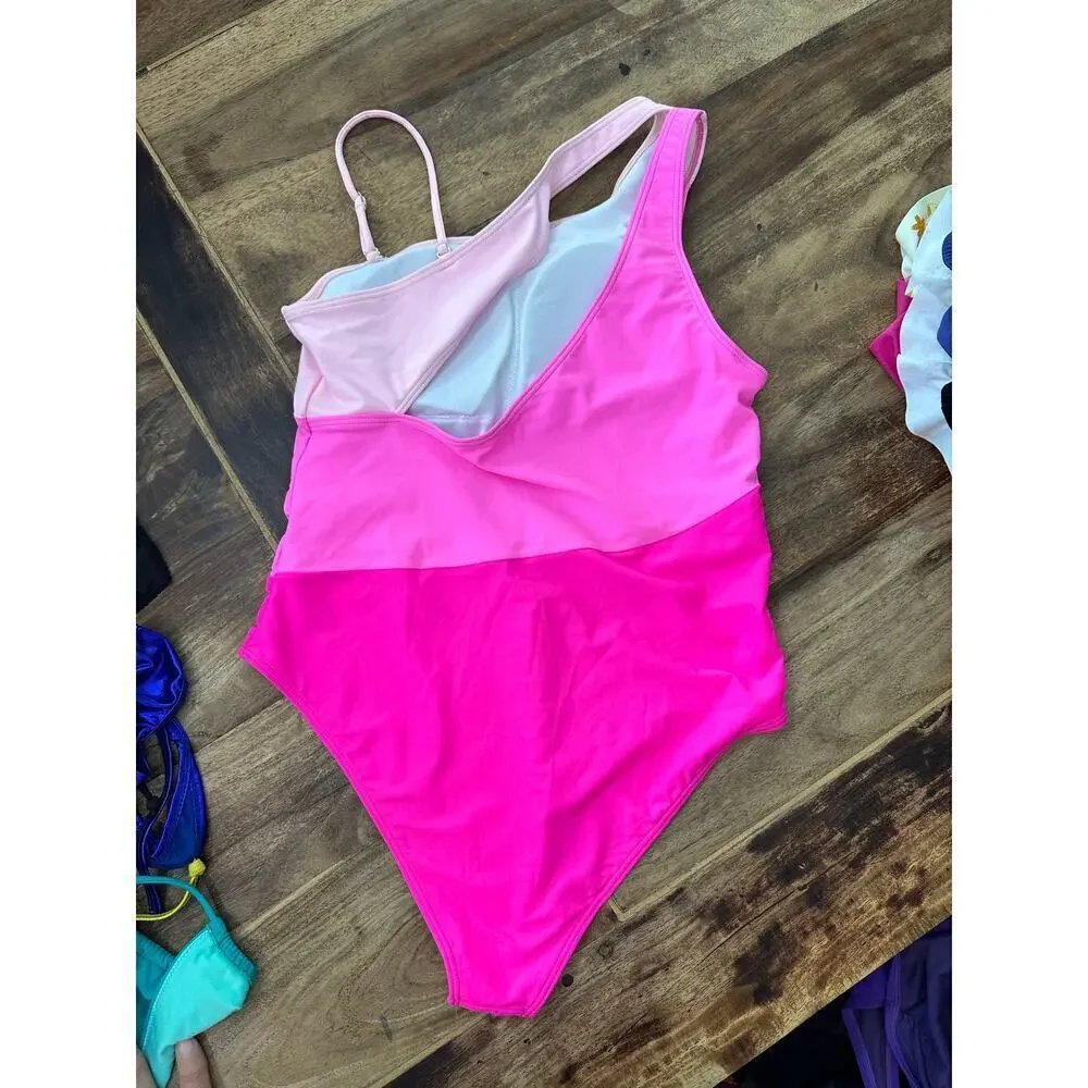 Milumia Women's Colorblock Asymmetrical Neck One Piece Swimsuit Size Large